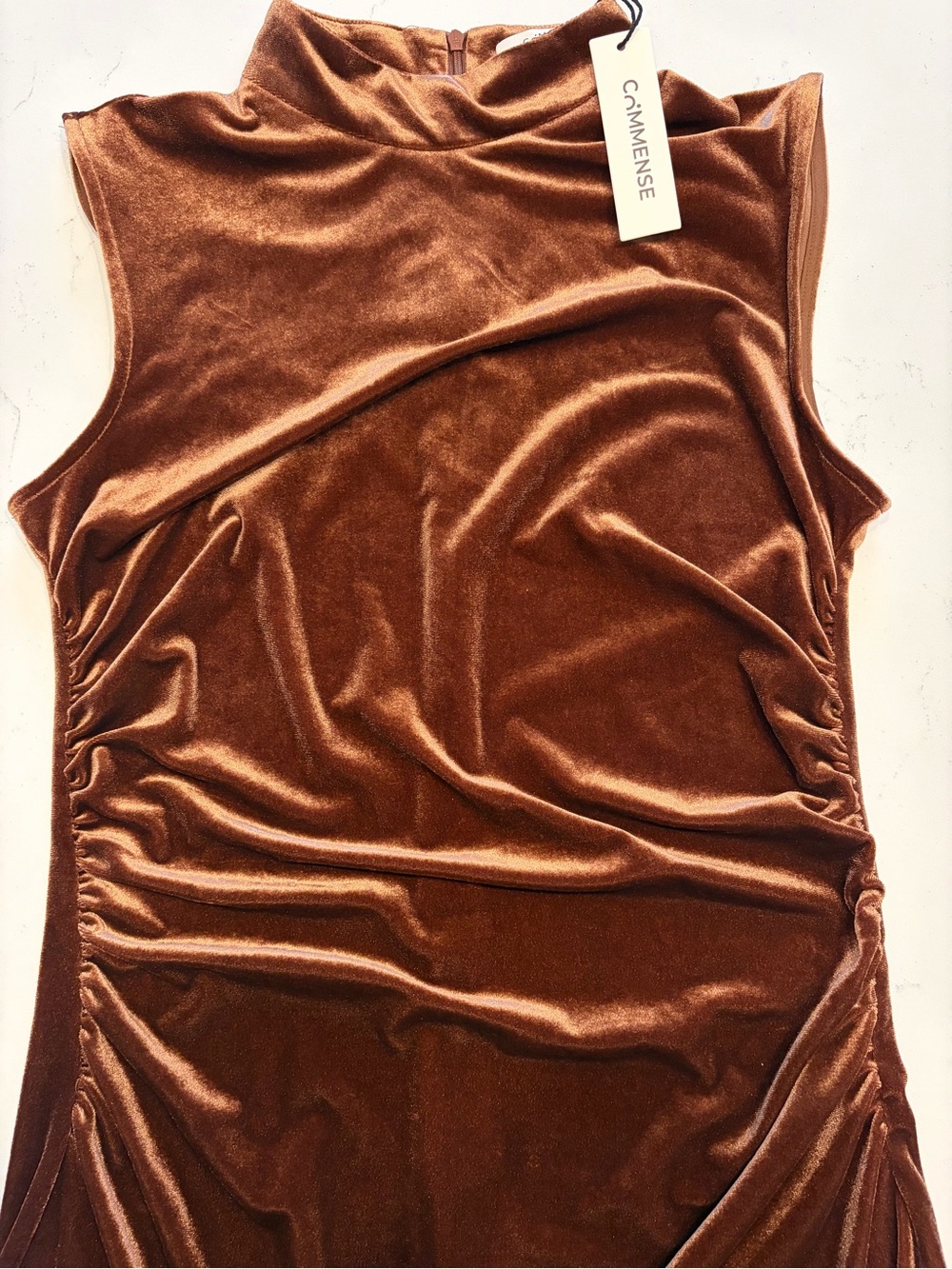 Commense Brown Velvet Lace Trim Mock Neck Slip Dress - Picture 6 of 7